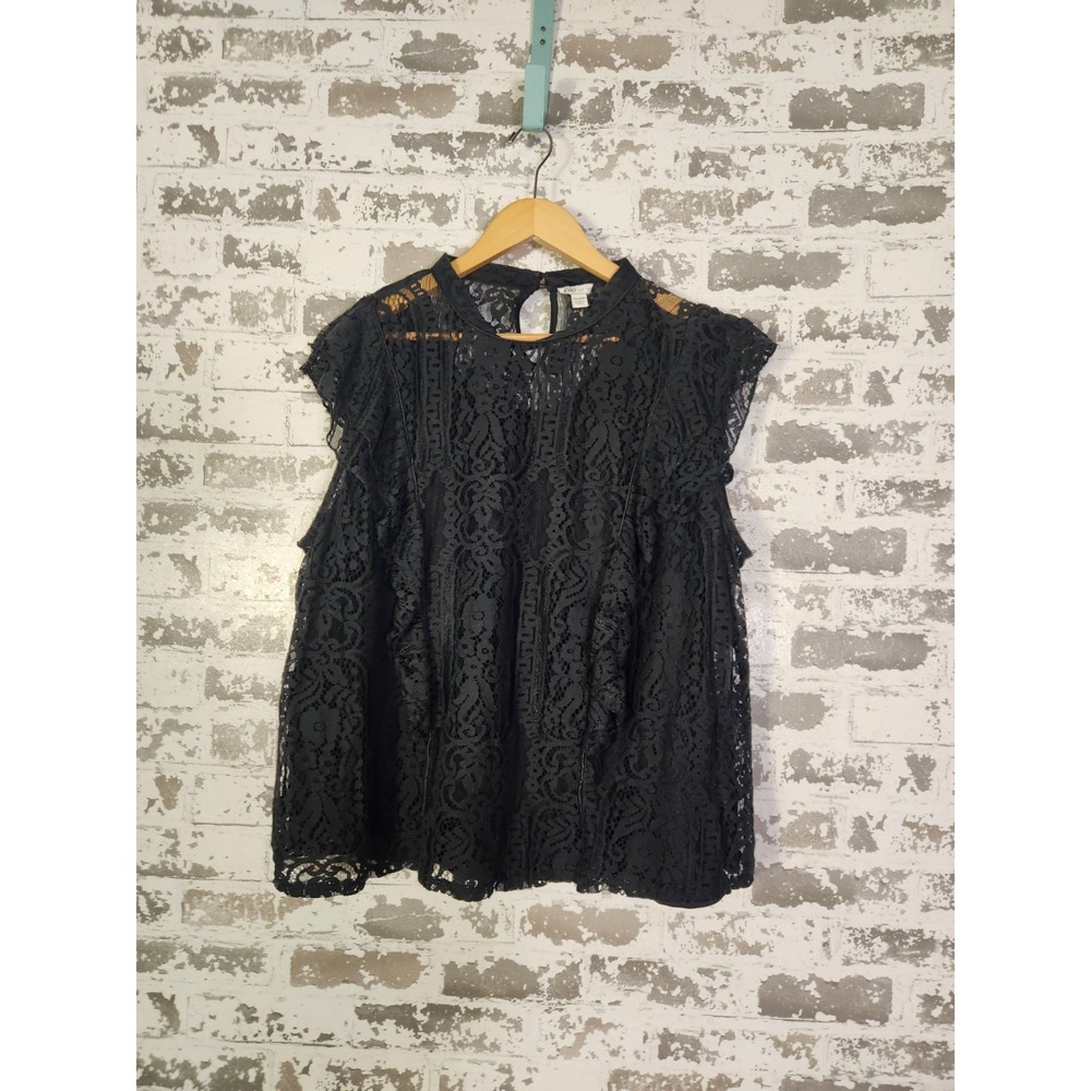Whimsigoth Lace Crochet Top Plus Size 26 Black Fairy Grunge Flutter Sleeve Sheer